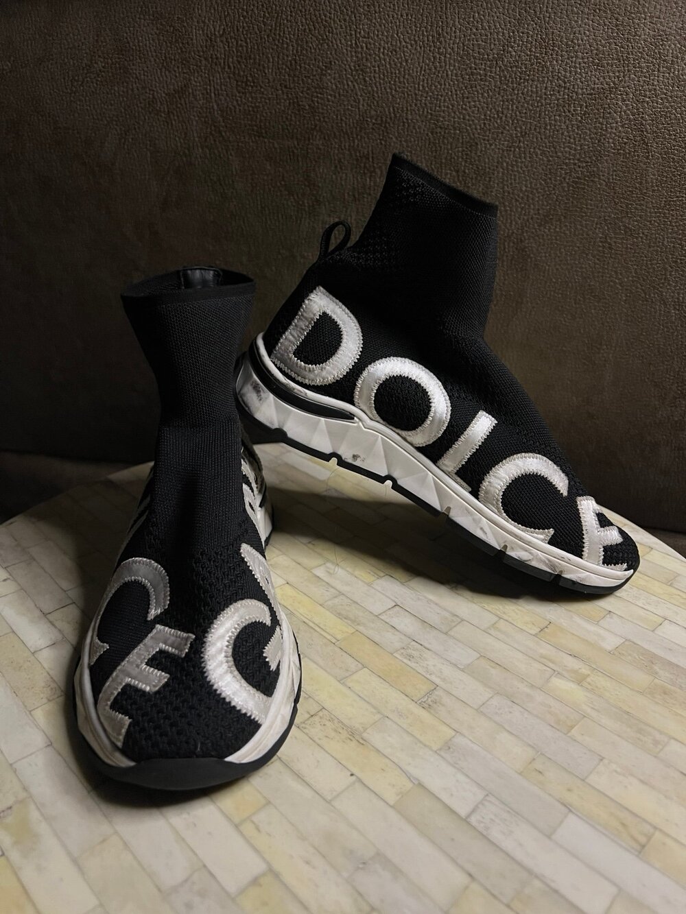 Dolce & Gabbana Sorrento 2.0 High-Top Sock Sneakers in black and white colorway